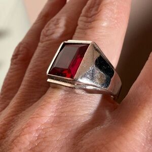 Vargas Art deco 1940’s antique Sterling silver emerald cut red ruby Signet Ring